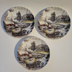 Vintage Yorkshire Staffordshire Ironstone 3 Saucer Plates Farm Scene England